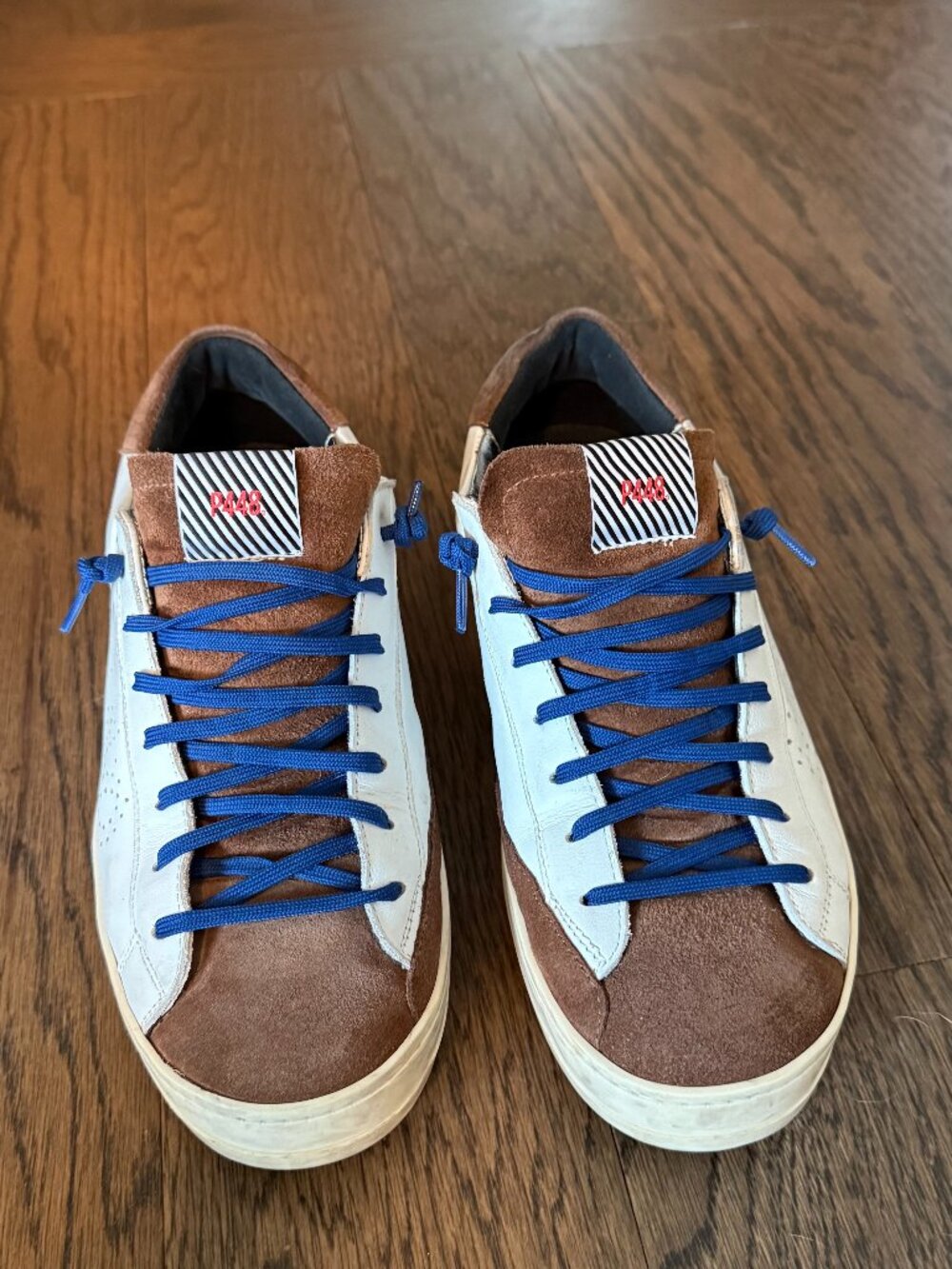 P448 John Low Top Sneakers White Leather Brown Suede Blue Laces Made in Italy